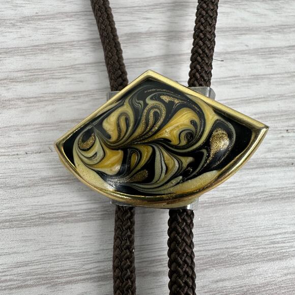 Vtg Unisex Bolo Tie Gold Tone Marbled Pendant Brown Braided Cord Adjustable Boho - Picture 9 of 9
